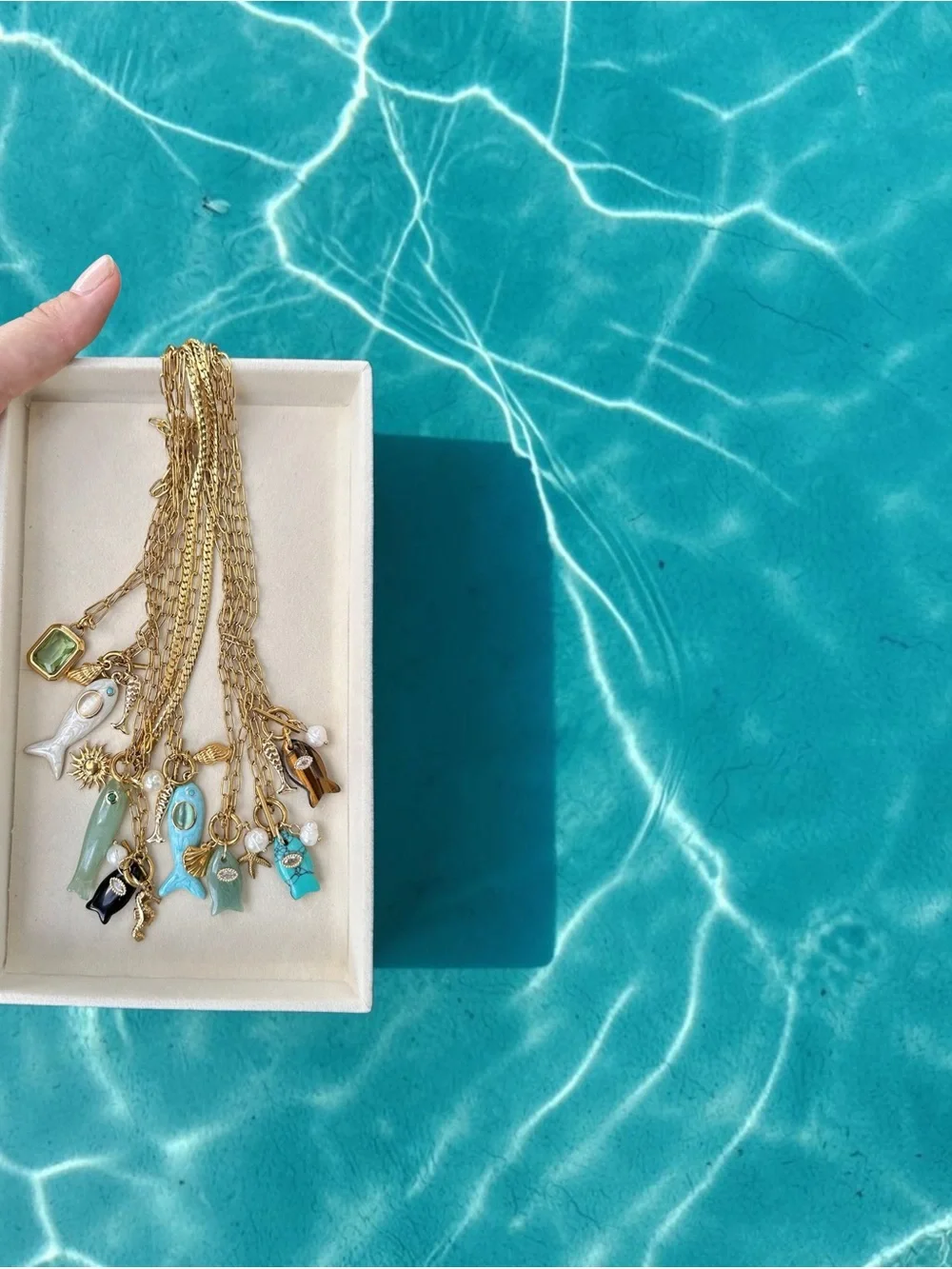 Black Fish Pendant, Pearl & Seahorse Charms on Paperclip Chain